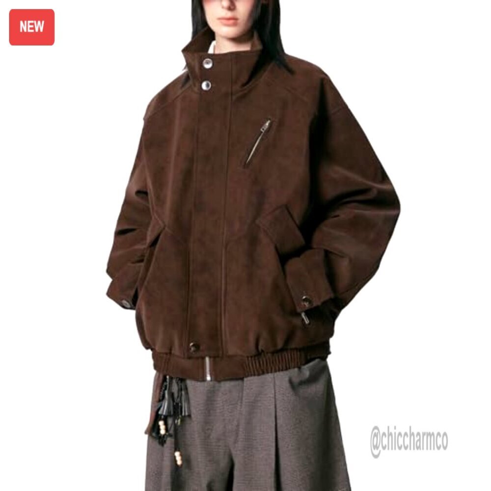 Oversized Faux Leather Bomber Jacket Zip Up Casual Streetwear Outerwear - Picture 2 of 5